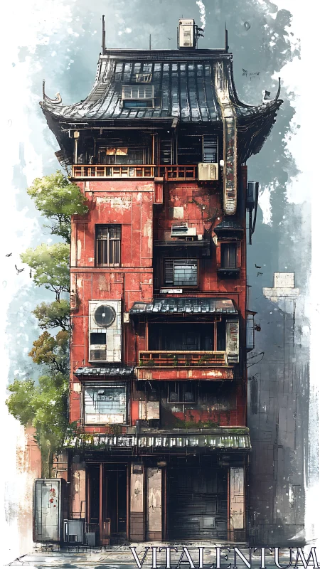 Weathered red tower quietly negotiates sky and city grit