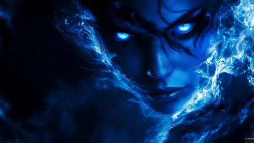 Blue glowing female face emerges from swirling energy