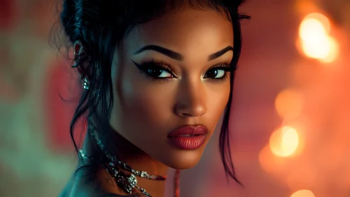 Softly lit portrait of a confident woman in warm glow.