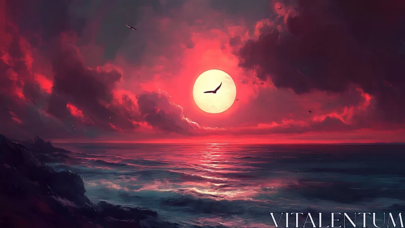 Crimson-lit ocean horizon with oversized sun and silhouetted seabirds