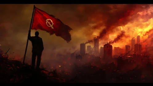 Lone figure claims burning city beneath crimson banner.