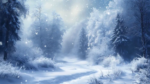 Snow covered forest path extends through dense winter trees