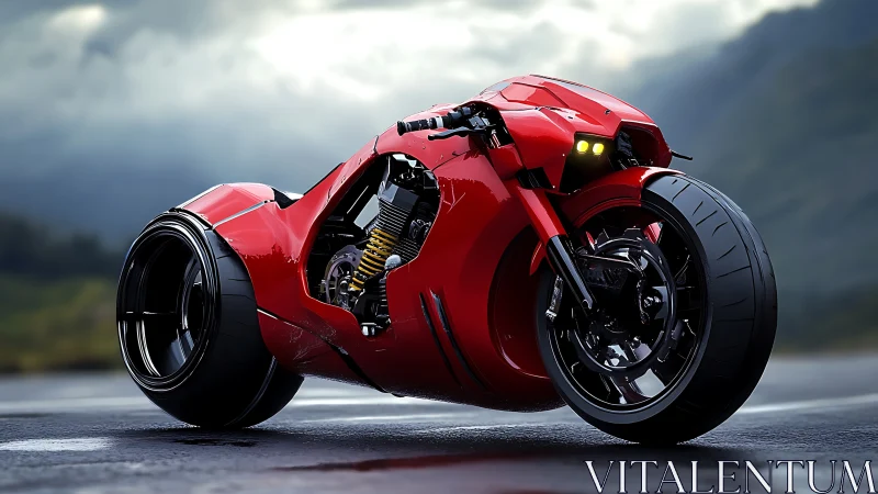 Hydrodynamic red concept motorcycle with exposed suspension systems.