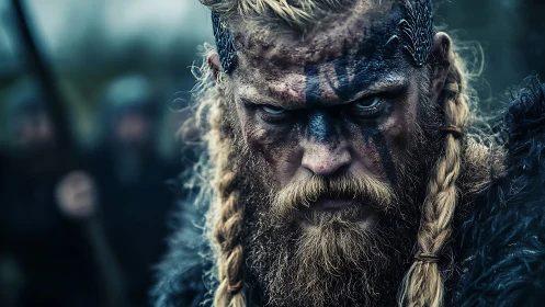 Storm-eyed Viking warrior glares through battle-soaked dusk.