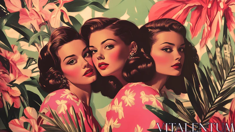 Three retro styled women posed among tropical foliage.