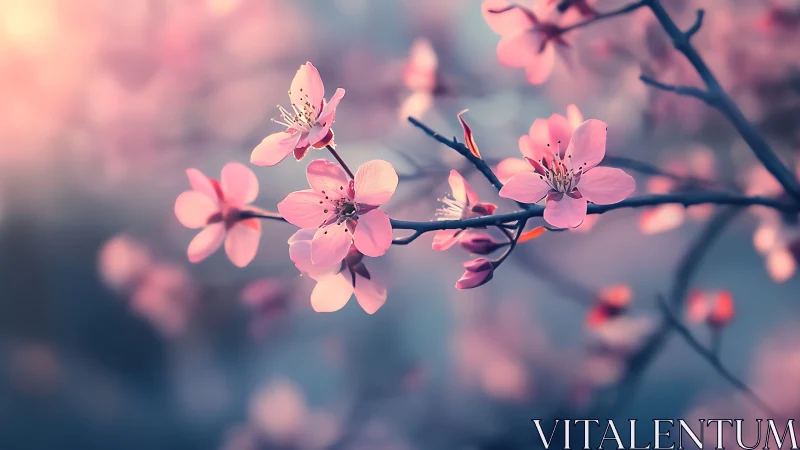 Selective-focus cherry blossoms under diffuse backlighting bloom.