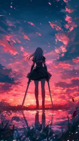 Sword-bearing anime heroine stands beneath a blazing sunset sky