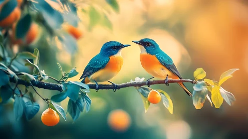 Vibrant songbirds on fruit tree branch in dreamy pastel style.