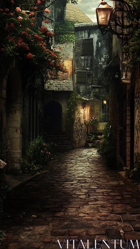 Twilight stroll through a flower-lined cobblestone alleyway.