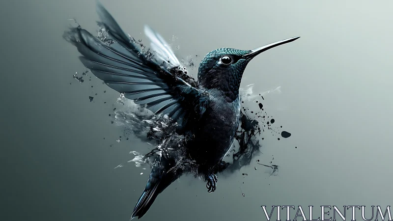 Hummingbird bursts from ink and shadow in frozen mid-flight