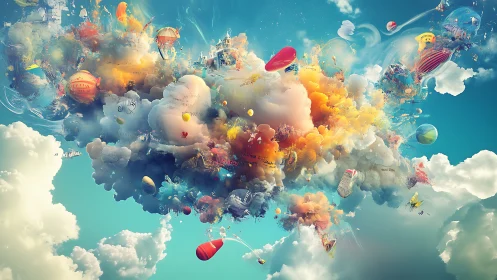 Multicolored abstract cloudscape with floating objects in sky.