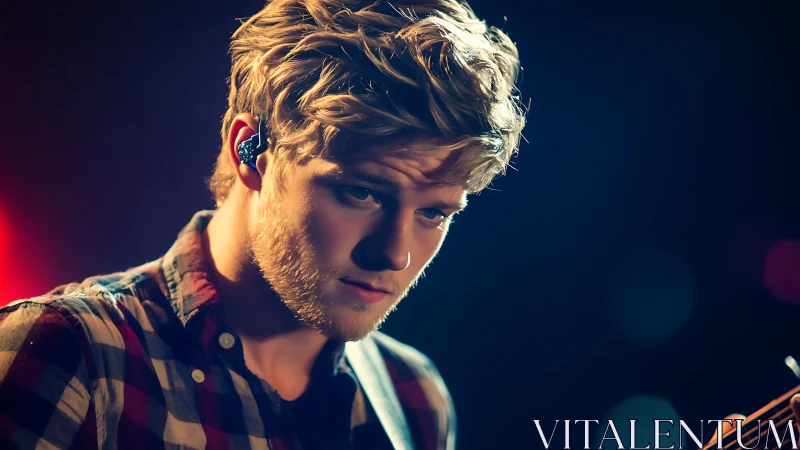 Backlit male musician in plaid shirt under concert spotlight
