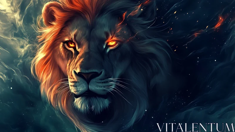 Fiery cosmic lion head emerges from swirling nebula depth