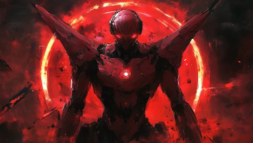 Red armored humanoid mech against luminous circular halo.