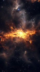 Glowing golden nebula cradled in a deep starlit sky.
