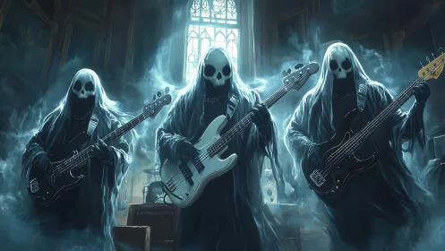 Grim reaper rock band with guitars in haunted cathedral stage.