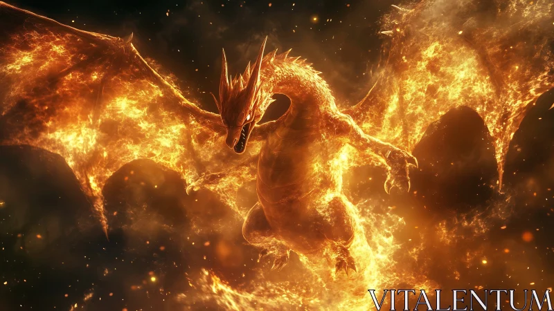 Fiery dragon spreads blazing wings in molten sky.