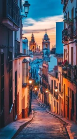 Twilight descent through a cobbled Spanish street.