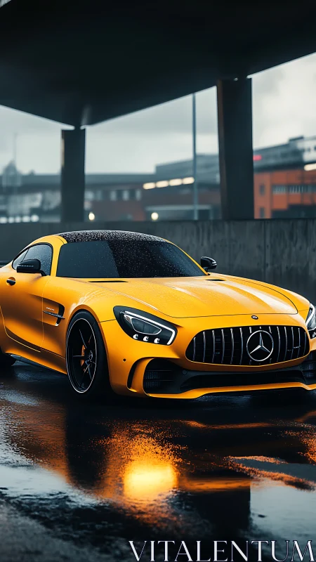 Yellow performance coupe under moody urban overpass light.