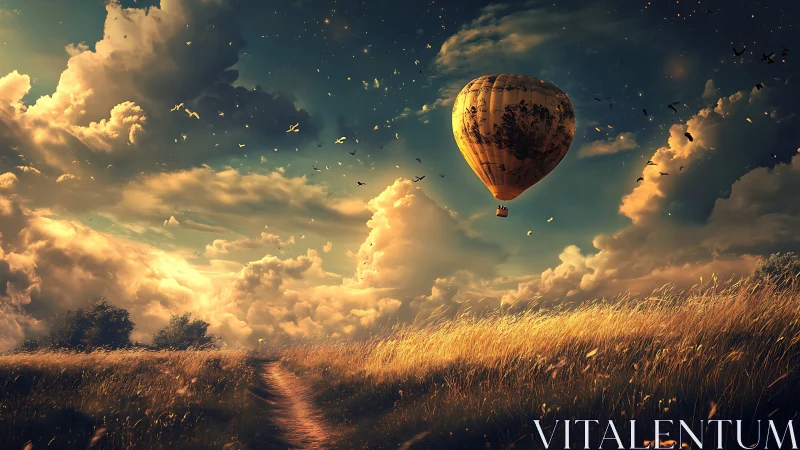 Hot air balloon over grassy field under dramatic clouds.