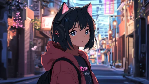 Cat-eared girl with headphones in evening city street.