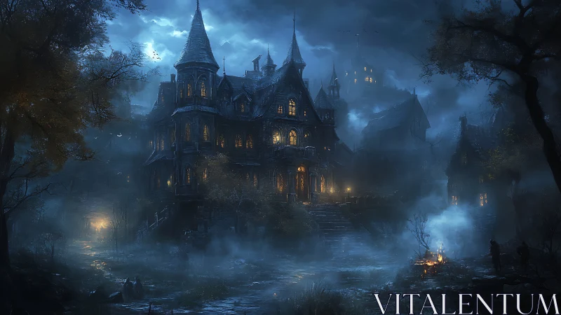 Gothic haunted manor under moonlit fog and eerie glow.