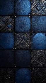 Textured blue metal tiles form geometric industrial grid.
