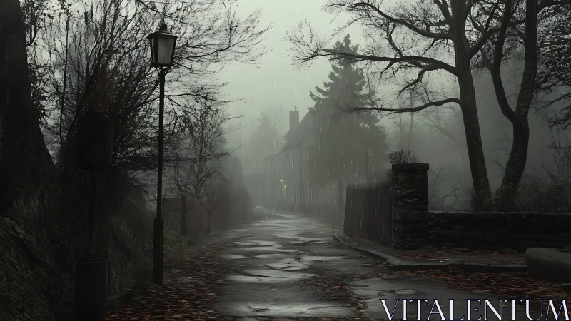 Foggy rainy street with distant house and bare trees.
