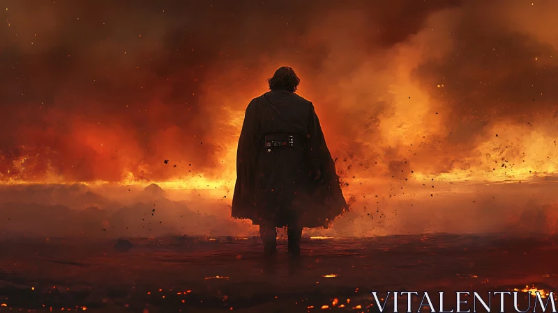 Cloaked Figure Against Infernal Landscape.