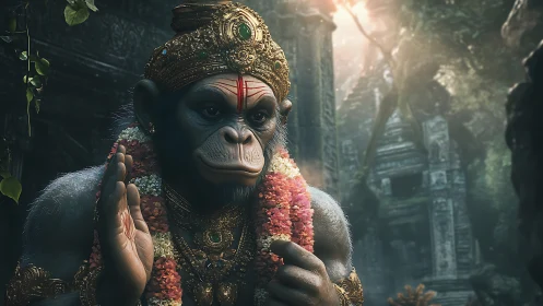 Divine monkey deity in ornate garb within jungle temple.