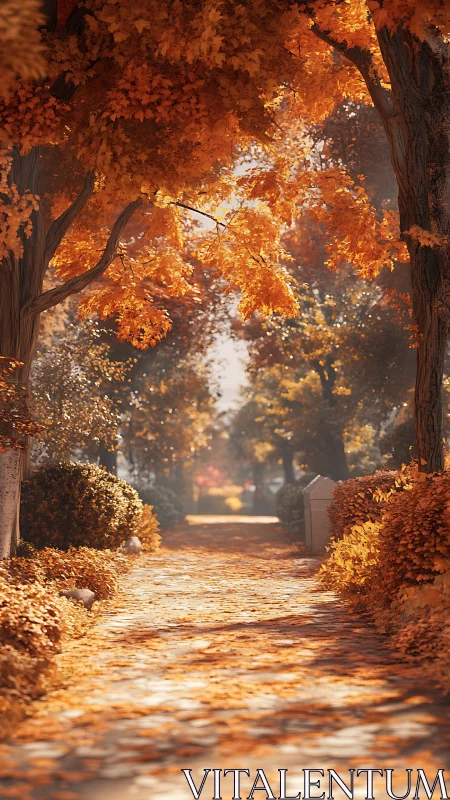 Tree-lined pathway covered in autumn foliage in soft light.
