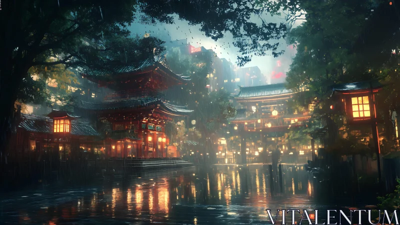 Rain-soaked neon temple district reflected in misty canal.