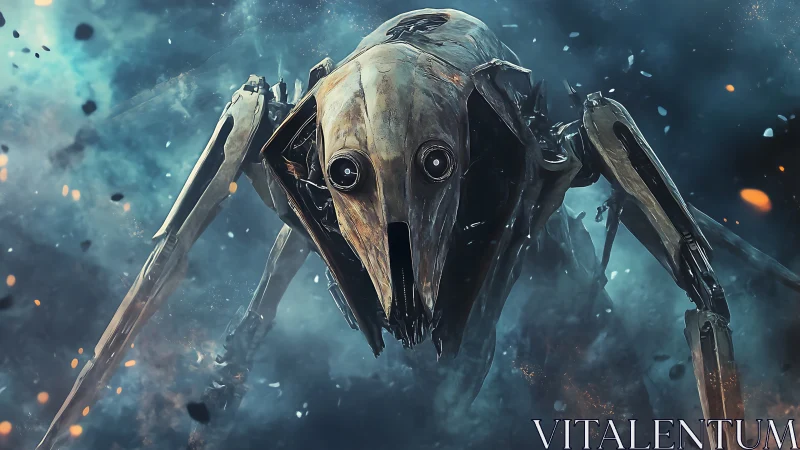 War-scarred spider mech advances through burning smoke clouds