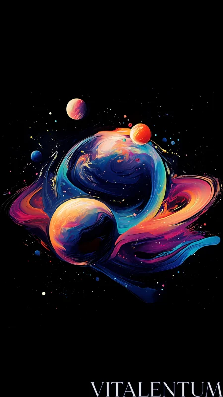 Vibrant swirling nebula orbits vivid planets in deep space
