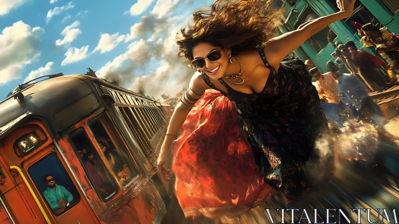 Woman leans from moving train amid blurred urban background