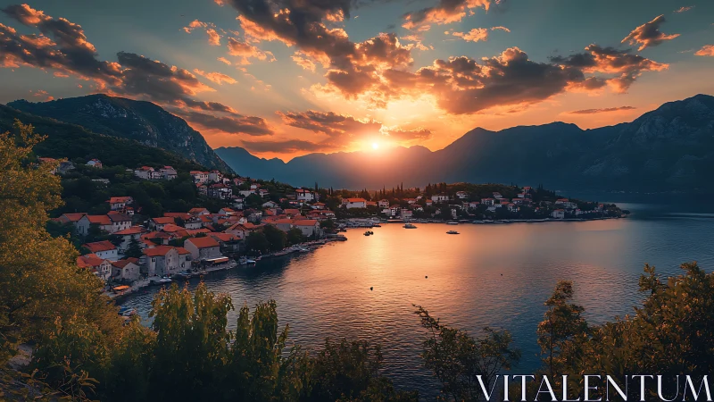 Golden harbor sunset embracing a peaceful coastal village.