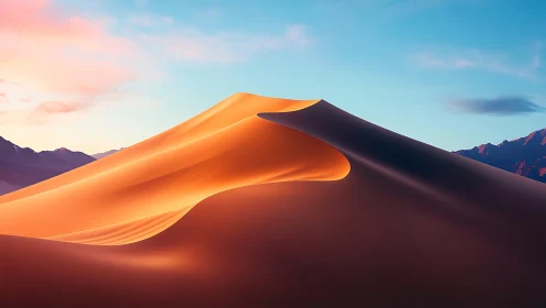 Sunlit sand dune ridge forms smooth curve against sky backdrop