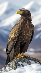 Golden eagle commands snowy alpine rock perch in winter