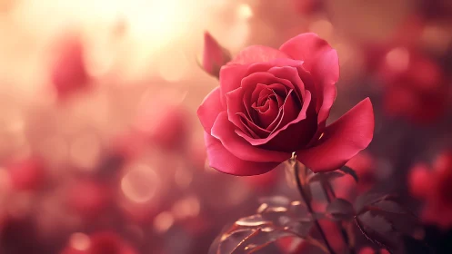 Crimson Rose Bloom Rendered Through Soft Focus Depth.