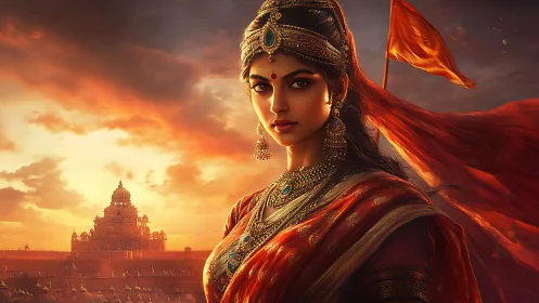 Warrior queen stands before temple at blazing sunset.