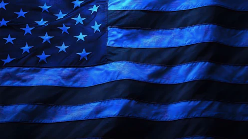 Monochrome blue United States flag in raking studio light.