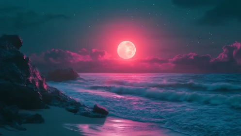 Dreamy neon moonrise glowing over a gentle midnight sea.