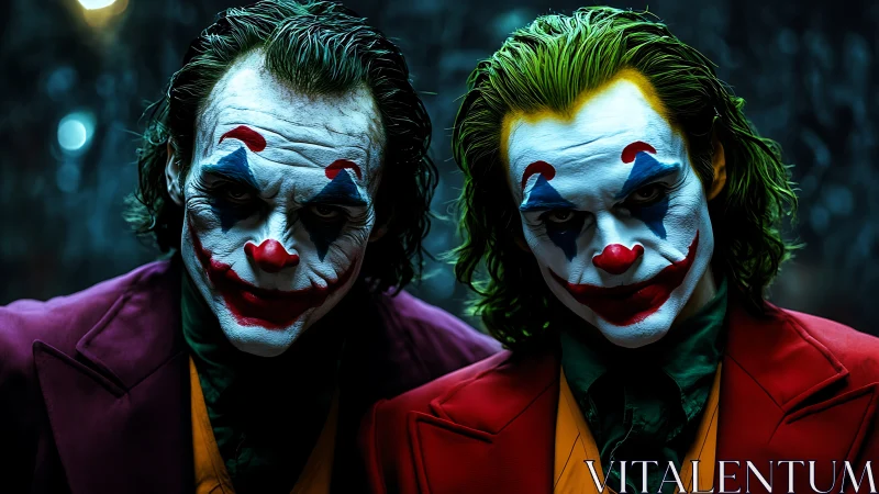 Dual sinister clowns in vivid suits under moody lighting.