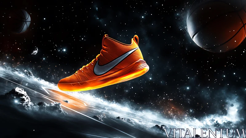 Orange basketball shoe in space-themed promotional artwork.