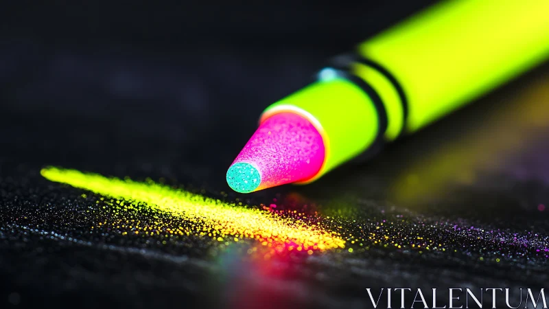 Neon highlighter macro with fluorescent pigment dust trail.