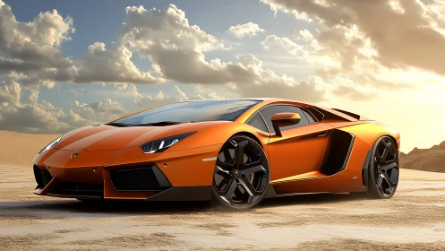 Orange supercar rendered on sunlit desert terrain at dusk.
