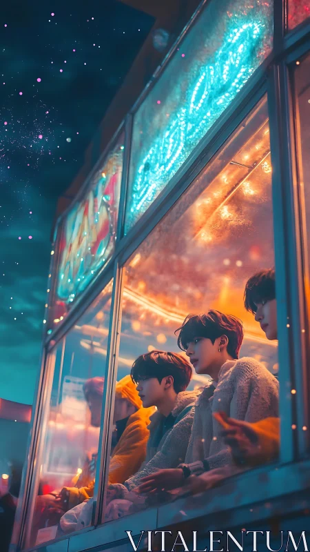 Friends sharing quiet carnival lights on a dreamy night.