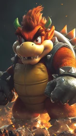 3D character portrait of horned reptilian boss in lava-lit armor.