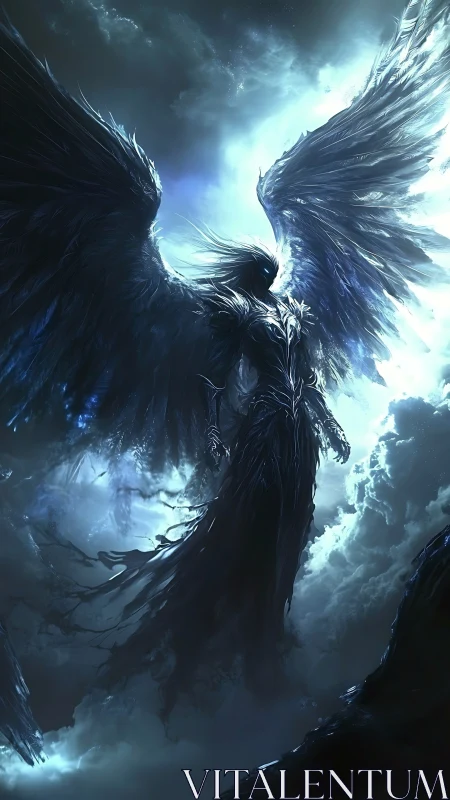 Fallen angel rises from stormlit clouds in eerie celestial glow