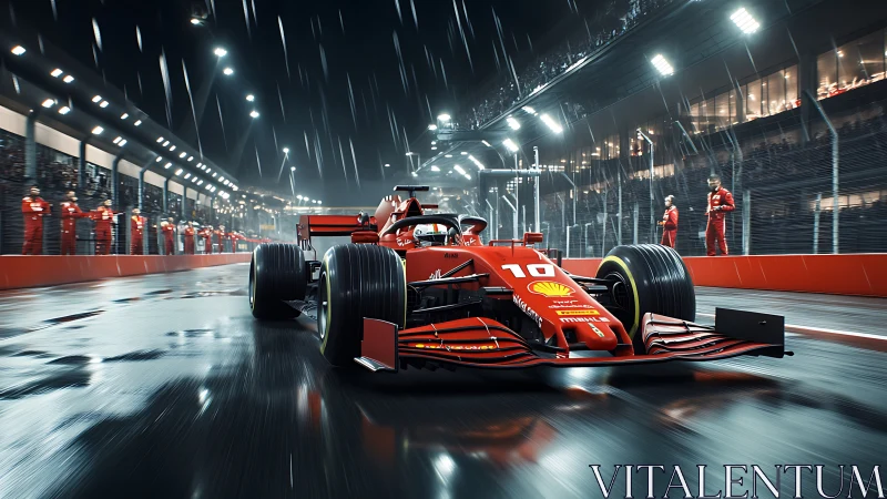 Red Formula race car surging through wet night pitlane.